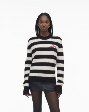 Topuri Marc Jacobs The Striped Brushed Logo Sweater Dama Negrii Albi | 09256RZUH